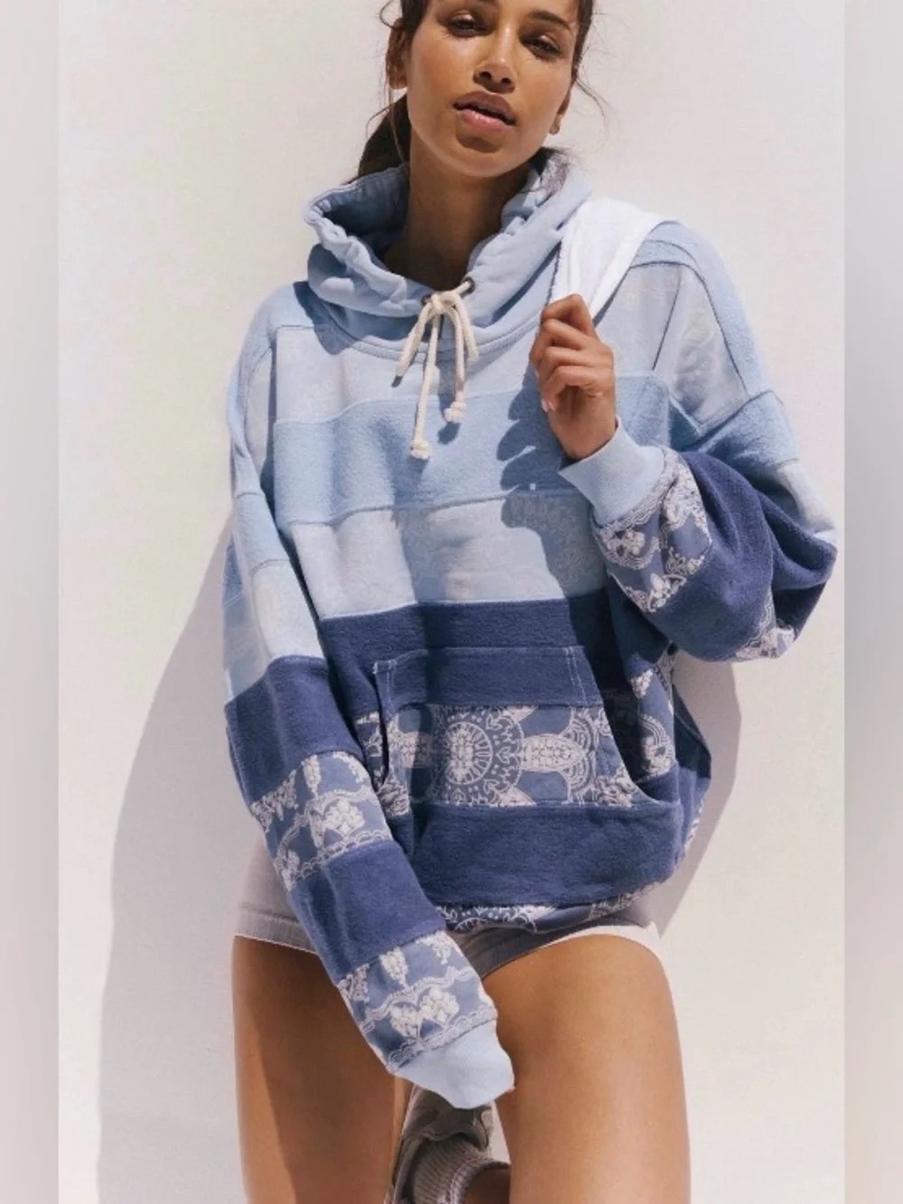Free People Movement Final Call Bandana Hoodie Blue  sz L NWT